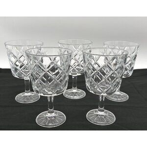 Set Of 5 Vintage Diamond-Cut Clear Glass Goblets Elegant Stemware For Wine Or Wa
